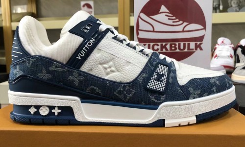 Kickbulk Sneakers Luxury Louis Vuitton LV Trainer Monogram Denim White Blue Camear photos shoes reviews